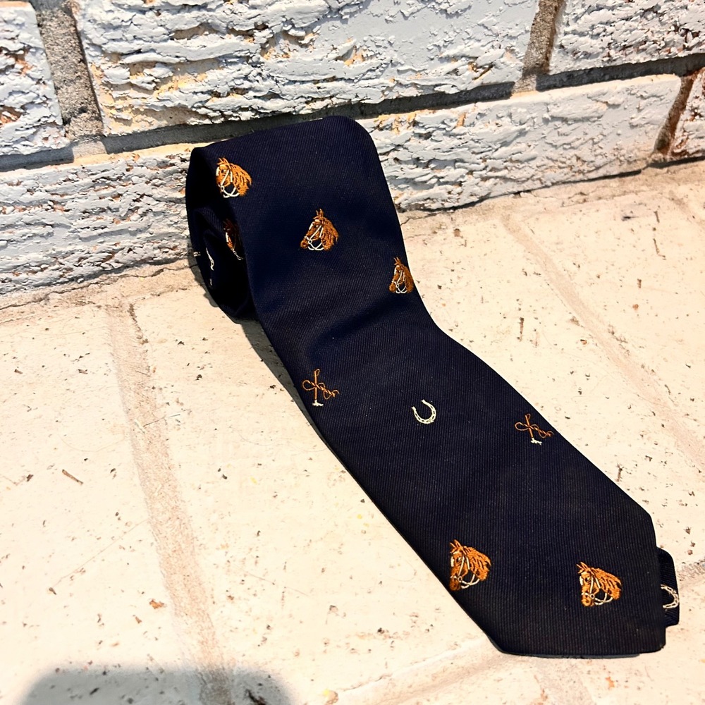 Ronell Navy Blue Equestrian Horse Head Horseshoe Silk Tie Made in Ireland Mens